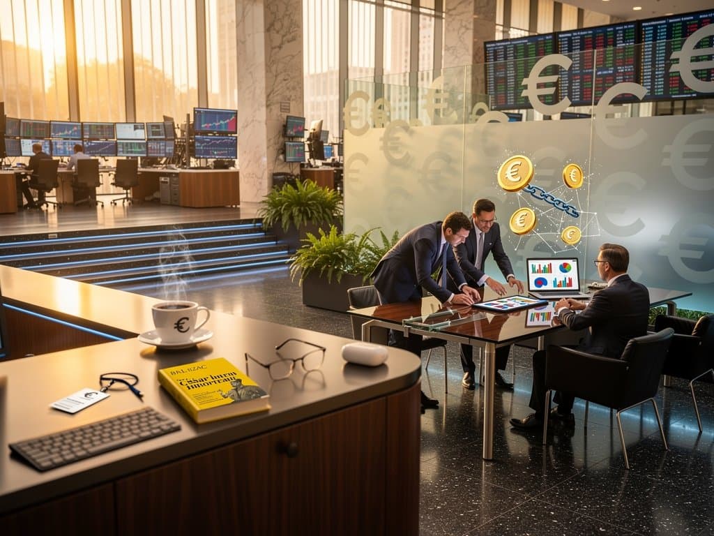 EZB-Lobby mit MiCA-Charts, Krypto-Tickern, Balzac-Buch in moderner Finanz-Atmosphäre
