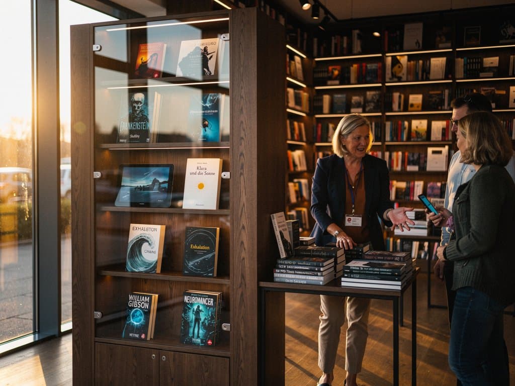 Buchregal mit Frankenstein, ChatGPT auf Smartphone und BookTok-Video in Buchladen-Atmosphäre