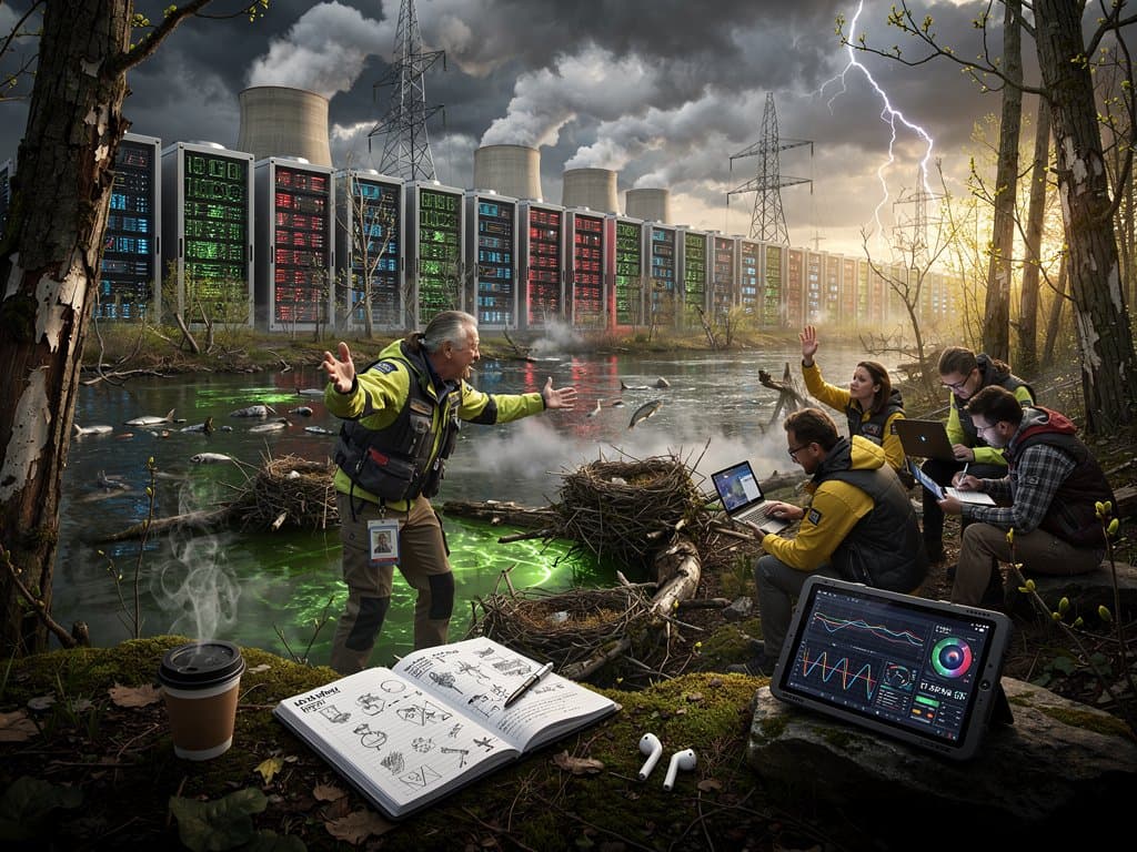 Dystopischer Wald mit AI-Servern: Silent Spring trifft KI-Risiken