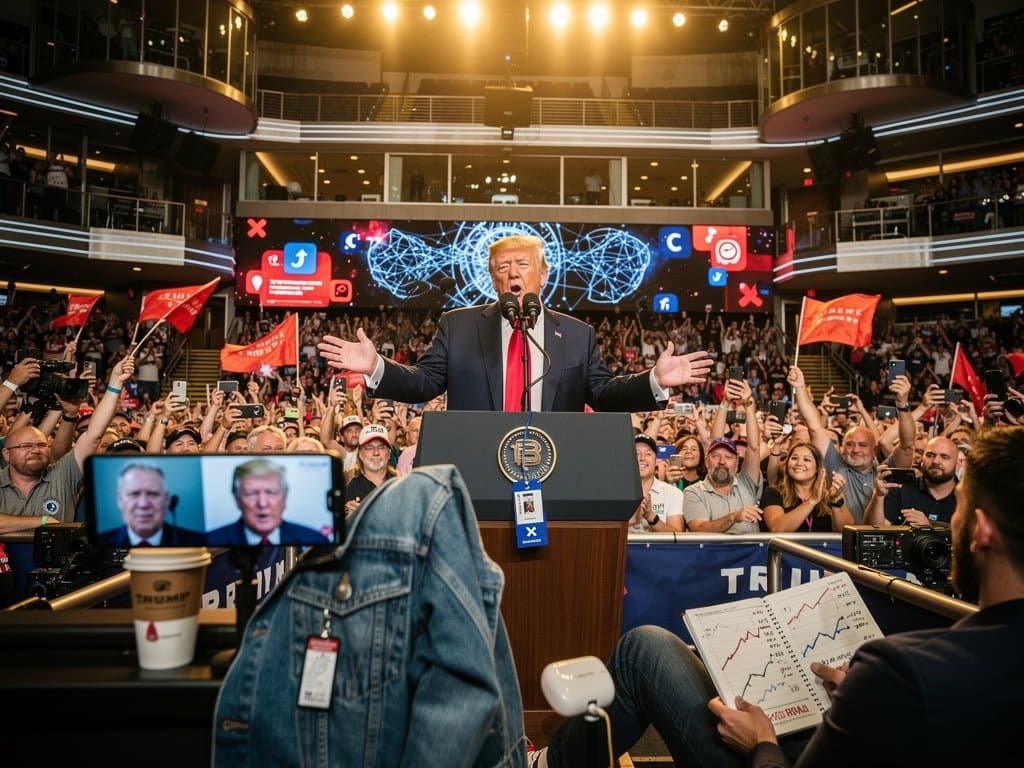 KI-generierte Fake Trump-Avatare als digitale Doppelgänger auf Social Media mit glitchigen Effekten und Krypto-Grafiken