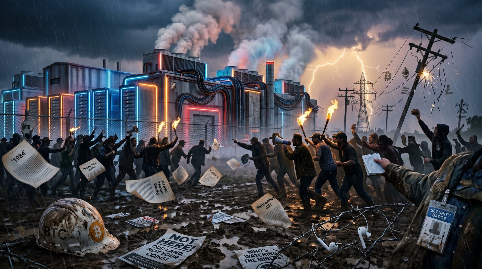 Dystopische Server-Landschaft zerstört Bauernfelder mit Büchern und wütenden Silhouetten