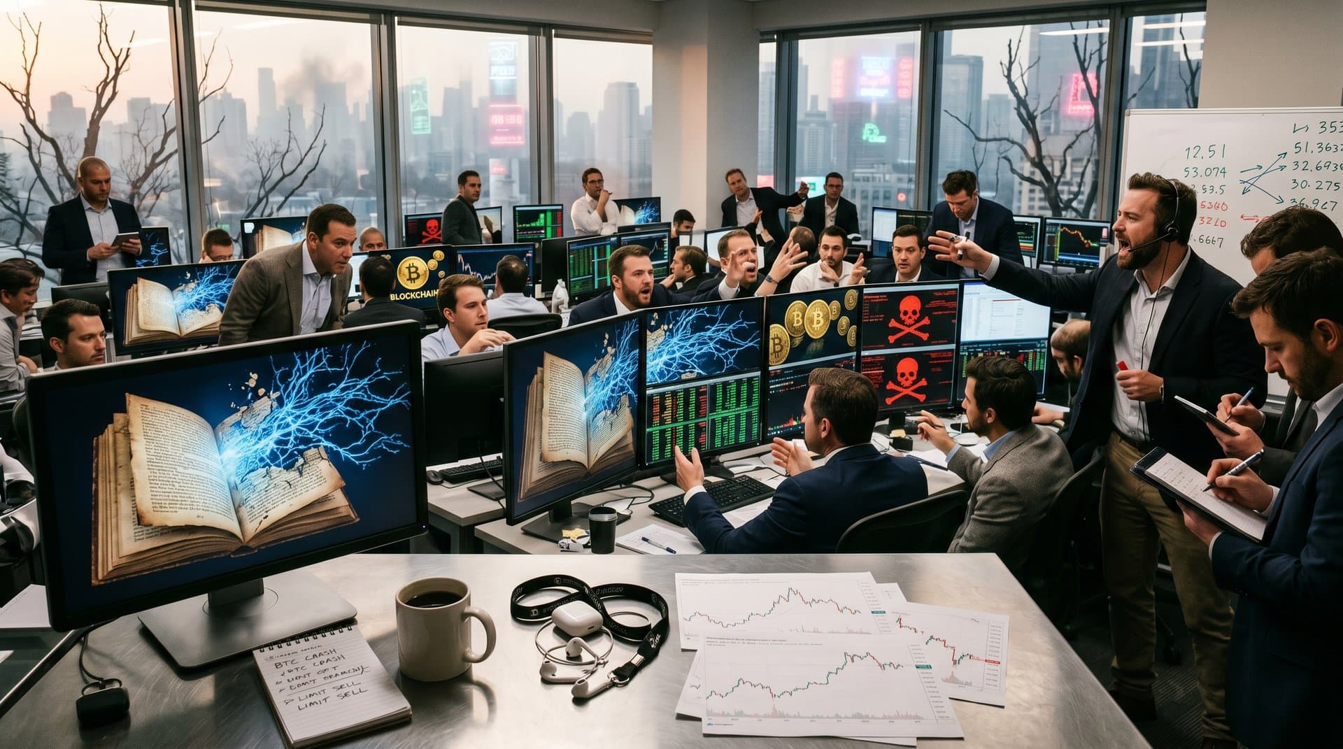 Abstrakte KI-Dystopie mit Buchseiten, Neuralnetzen und fallenden Crypto-Münzen