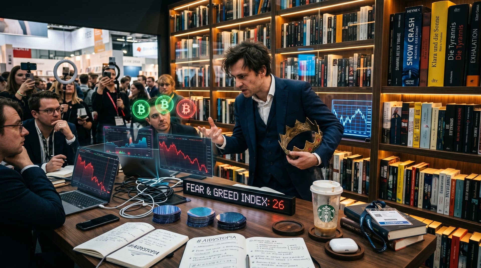 Hohle Krone über Dystopie-Büchern und Crypto-Charts, Symbol für Sam Altman Kritik.