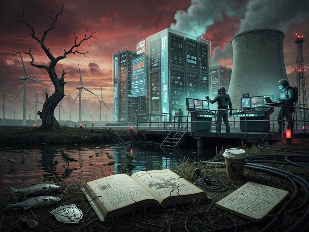 Dystopisches Buch 'Silent Spring' vor KI-Data-Centern und verwelkter Natur