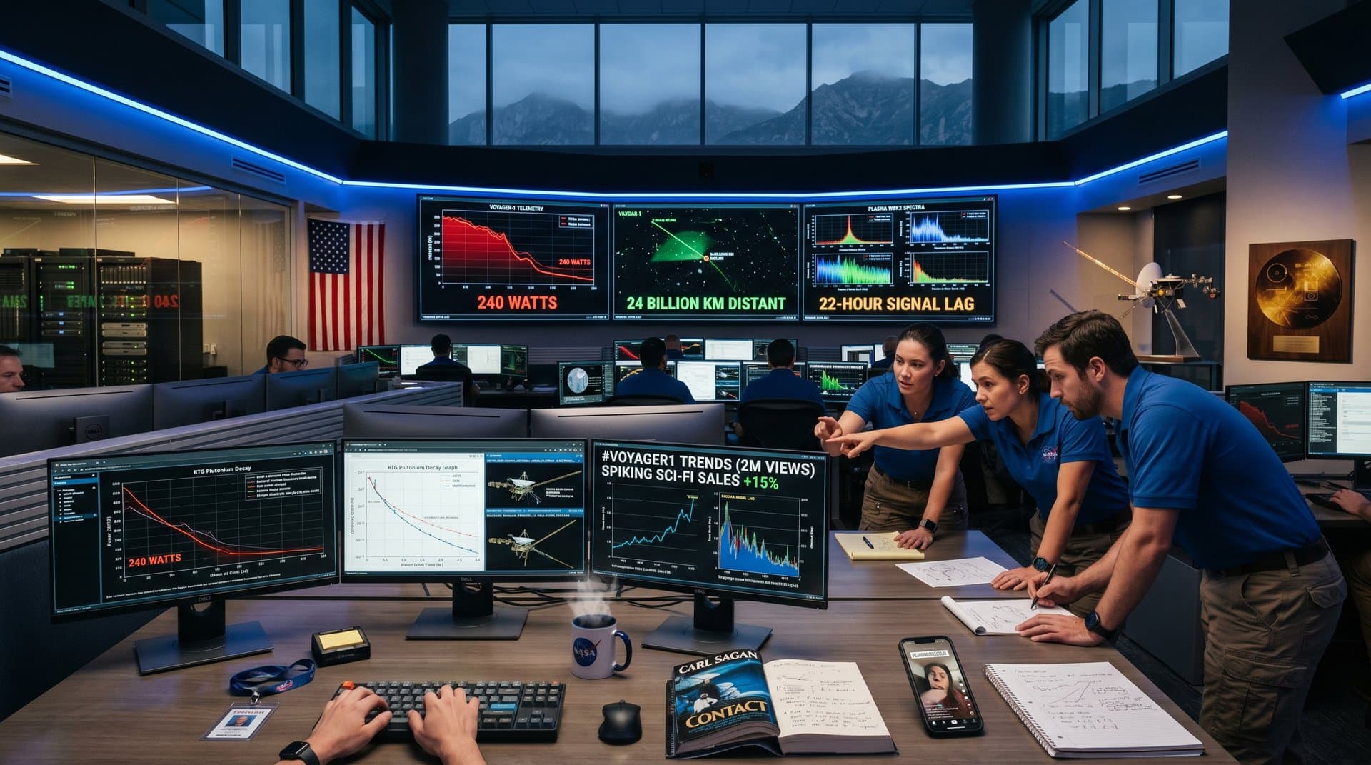 JPL-Kontrollraum: Voyager 1 Abschaltung an Monitorwänden mit Telemetrie, BookTok und Sci-Fi-Buch (68 chars)