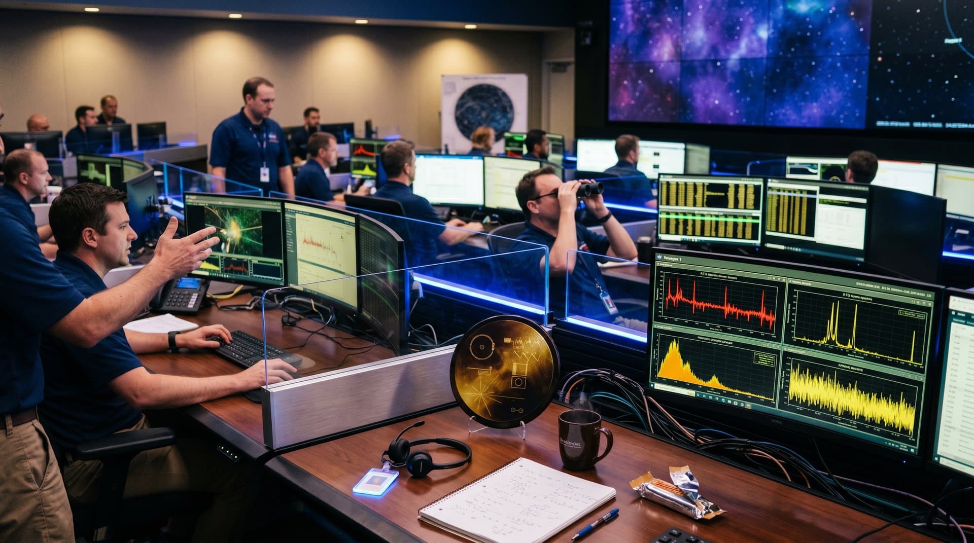 NASA JPL Control Room monitors Voyager 1 data with Golden Record display