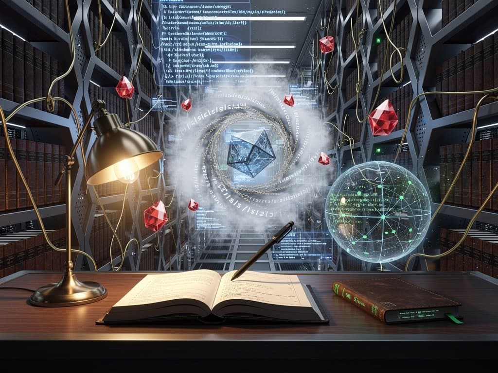 Abstraktes Labyrinth aus Büchern und Ruby-Code-Pfaden, das in digitale Archive mündet.