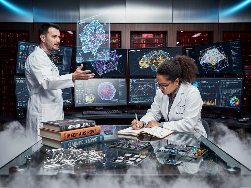 Dystopische Bücherstapel mit KI-Risiken-Motiven in verlassenen Tech-Labor