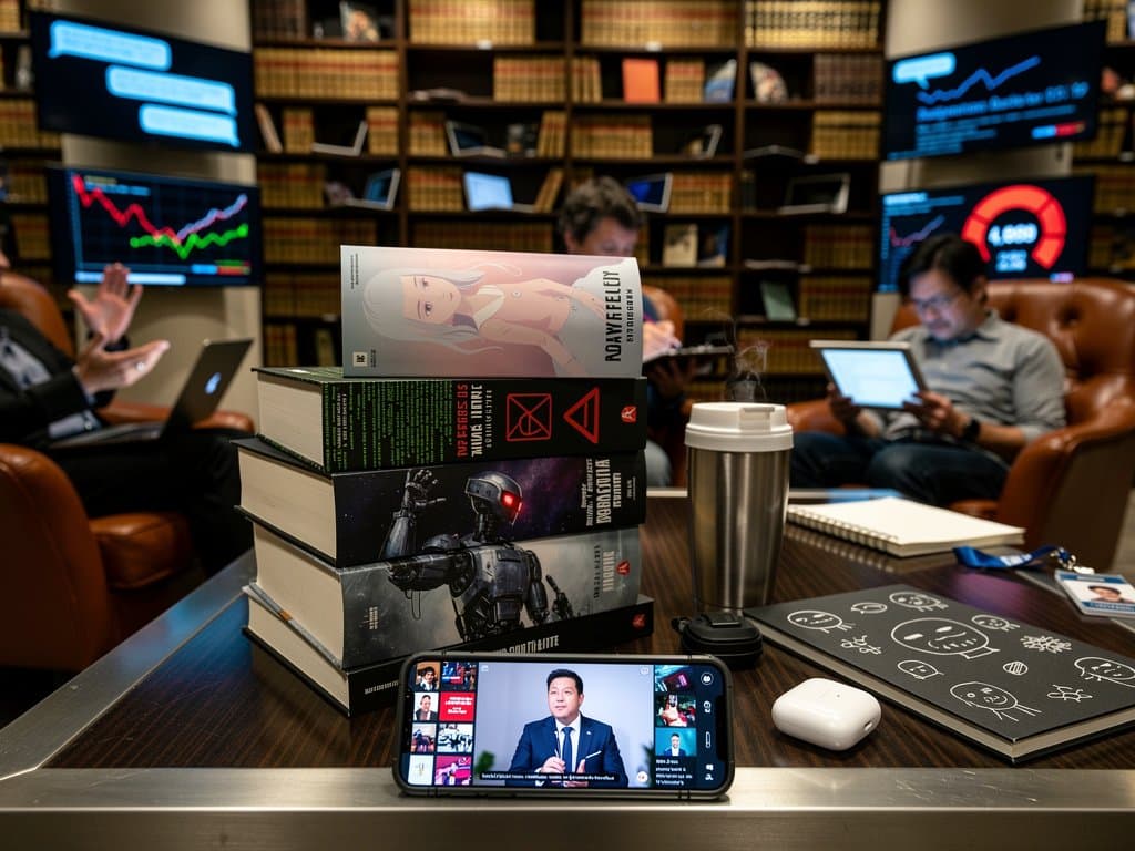 Dystopische Bücherstapel mit BookTok-Smartphone und AI-Crypto-Elementen in cyberpunk-Stil