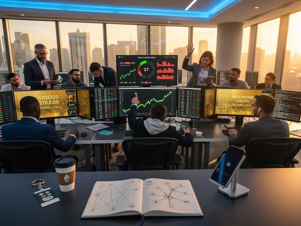 Abstraktes Buch mit Blockchain und Crypto-Charts, BTC-Preis und Fear Index im Cyberpunk-Stil