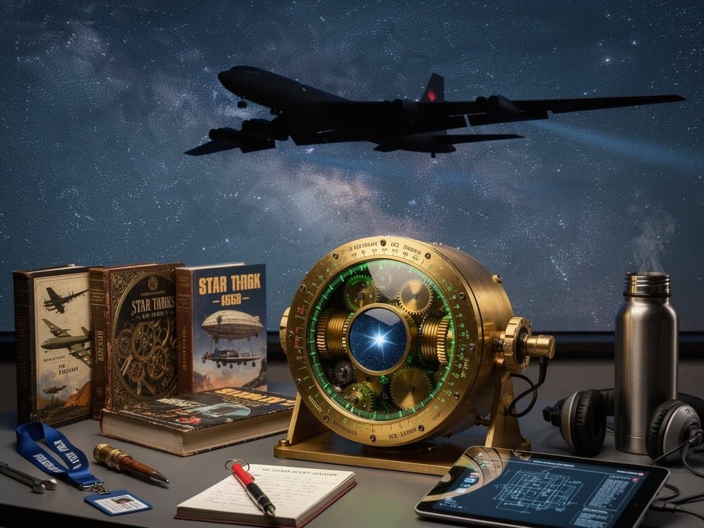 B-52 Star Tracker unter Sternenhimmel mit Zahnrädern, Steampunk-Büchern und Bomber-Silhouette