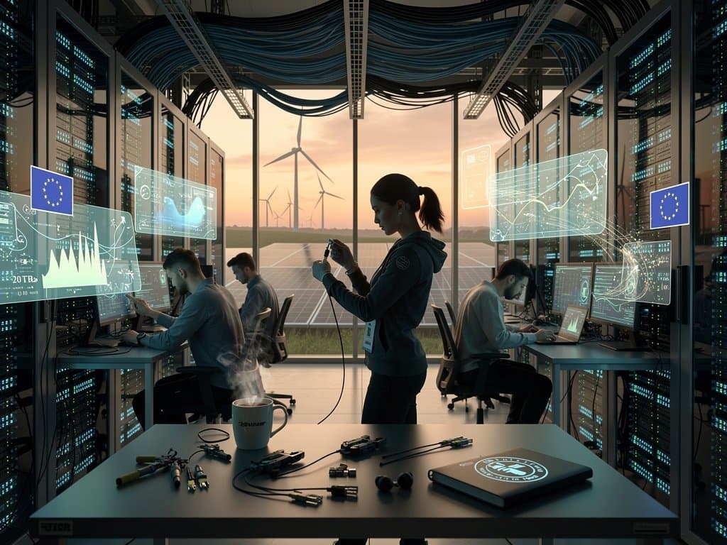 Ingenieure optimieren Server in Hetzner-Rechenzentrum mit Grafiken zu Traffic und Ökostrom.