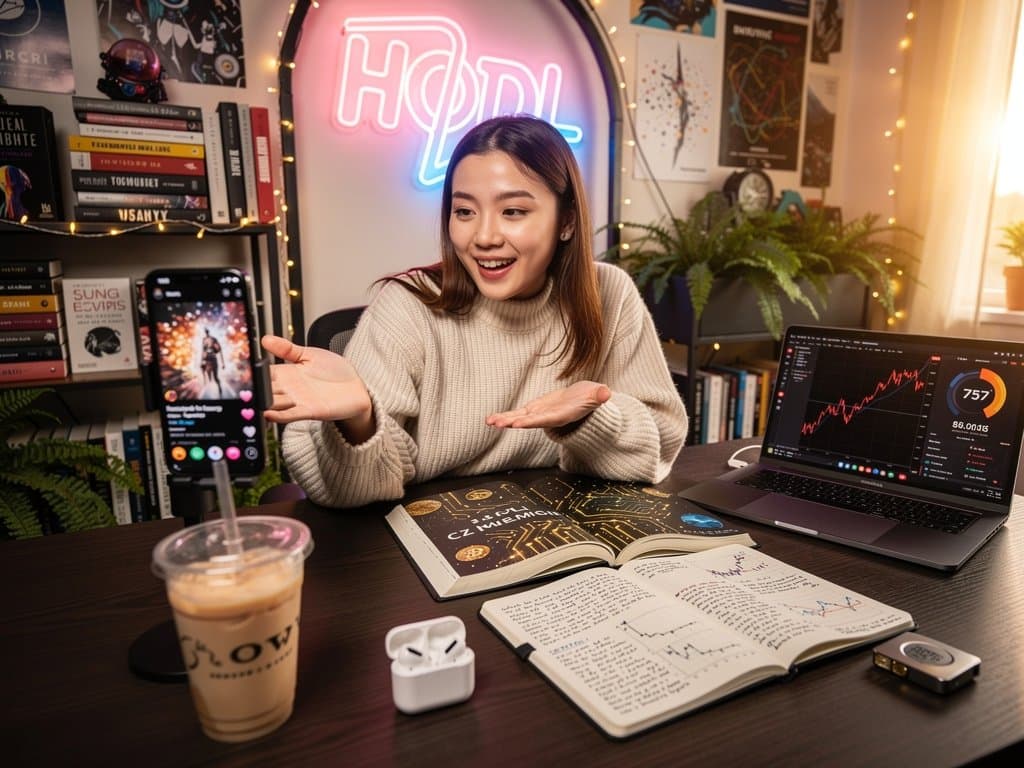 BookTok-Setup mit CZ Memoir, Crypto-Charts und viralem TikTok-Video