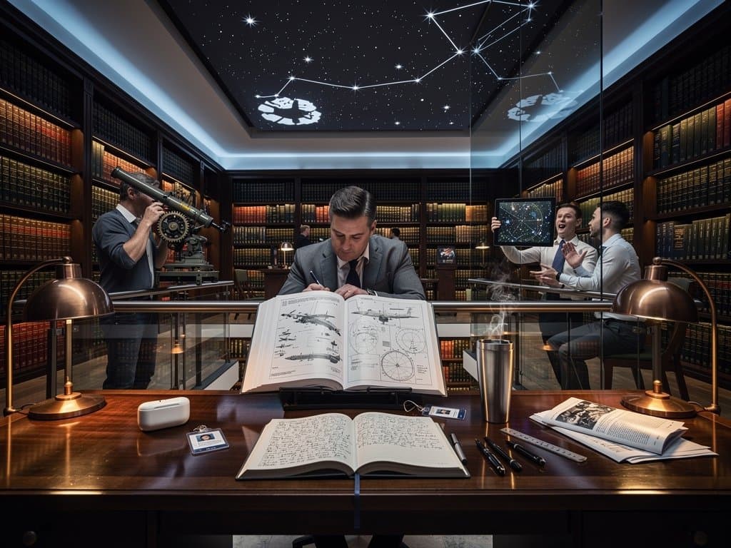 Steampunk-Bibliothek mit B-52 Sternen-Tracker-Modell, Sci-Fi-Büchern und Sternenhimmel-Projektor