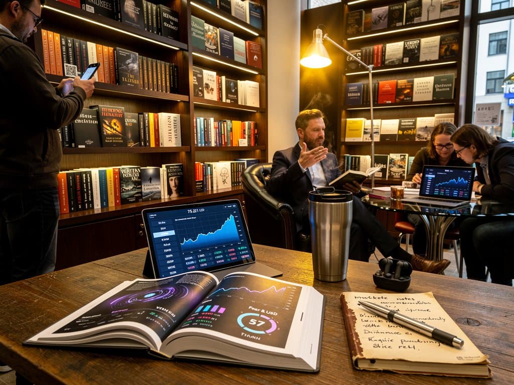 Buchhandlung mit Finanzromanen, BTC-Charts und Crypto-Literatur in dynamischer Frankfurt-Atmosphäre