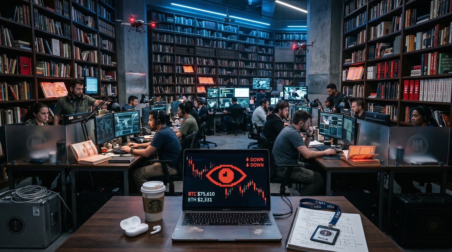 Dystopische Bücher und Überwachungssymbolik mit Krypto-Charts in cyberpunk Bibliothek