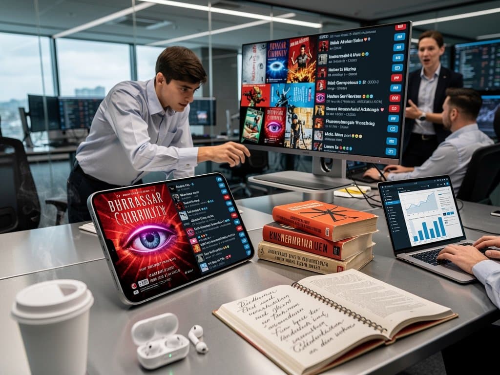 BookTok-Smartphone mit 1984-Videos, Dystopie-Buchregale, Krypto-Ticker und Überwachungsskyline