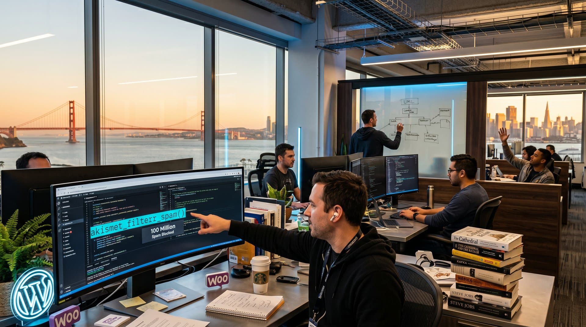 Tech-Monitor mit WP 7 Akismet-Code, Open-Source-Büchern und Bay-Area-Ansicht in modernem Büro