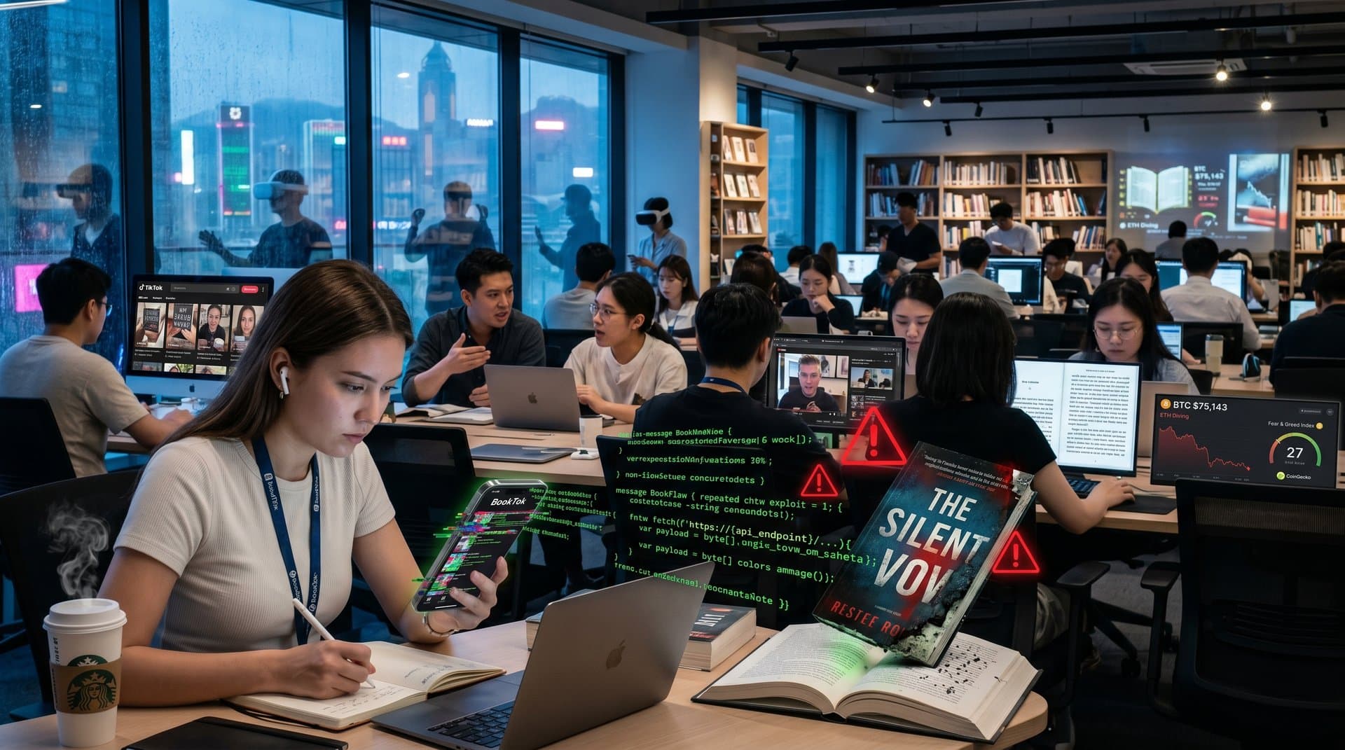 Glitchiges BookTok-Smartphone mit Protobuf-Code-Overlay und Crypto-Fear-Chart