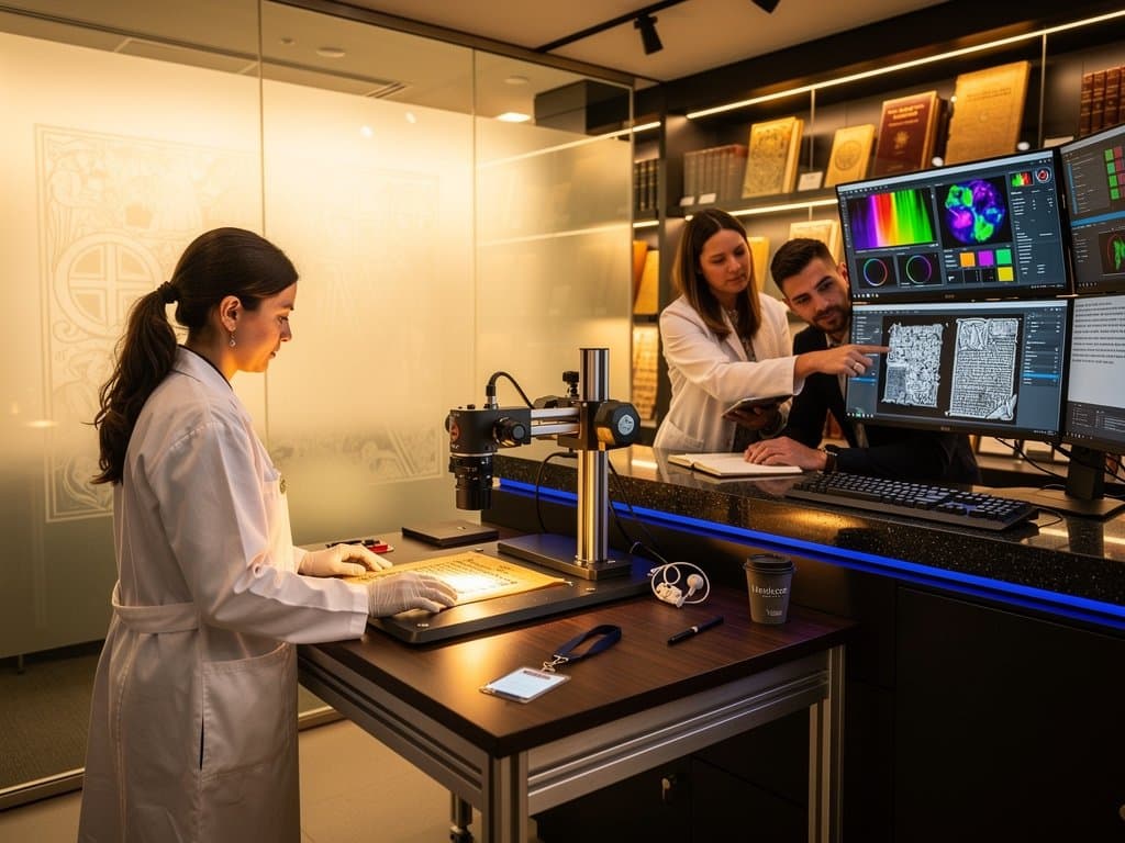 Conservator justiert NIST-Laser an antikem Manuskript in Yale Beinecke Lab mit Monitoren und Kollegen im Hintergrund