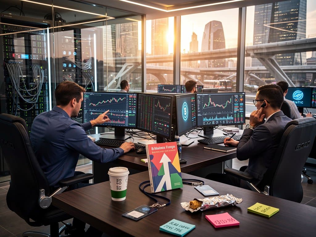 Tradingbüro mit Crypto-Charts, BTC-Preisen und Fear & Greed Index