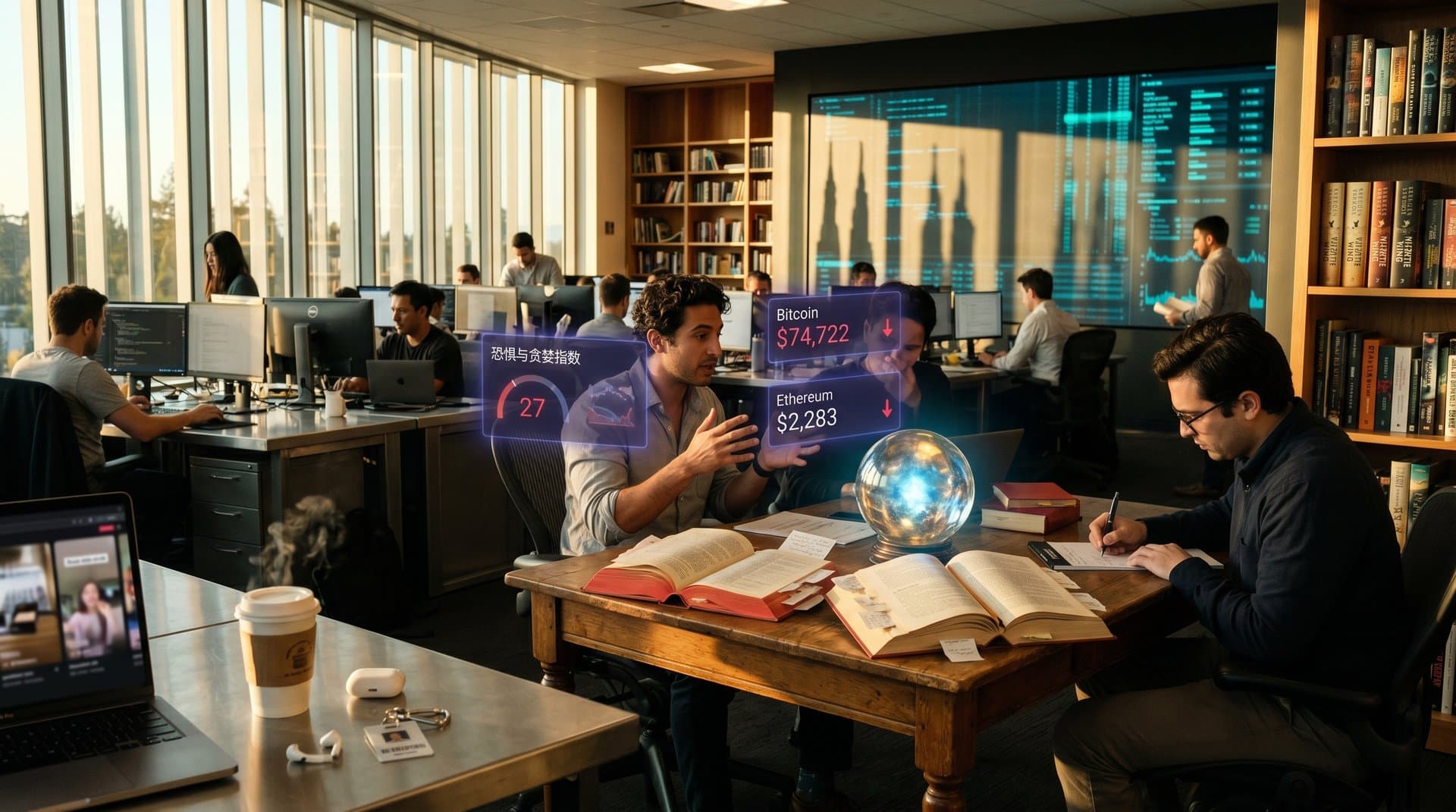 Palantír-Kristall mit Tolkien-Büchern, Crypto-Charts und BookTok in Tech-Büro