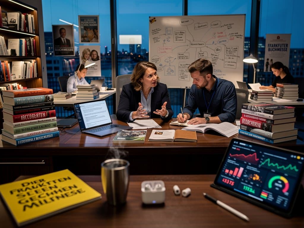 Verlagsbüro mit ChatGPT-Laptop, Buchstapeln, Fear & Greed Index 27 und fallendem BTC-Chart
