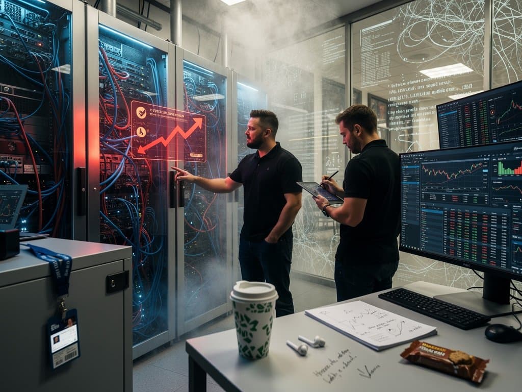 Abstraktes KI-Monstrum mit Fear & Greed Index 29 und fallenden Crypto-Charts in Sci-Fi-Labor