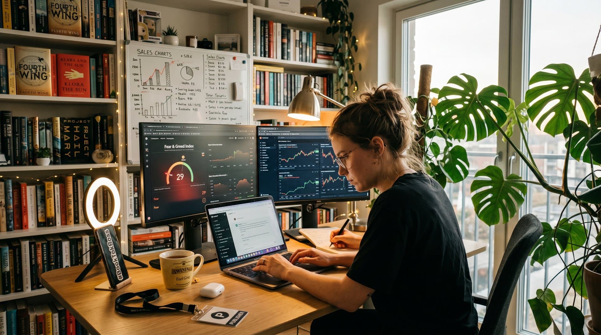 BookTok-Setup mit ChatGPT-Laptop, Büchern und Fear & Greed Index