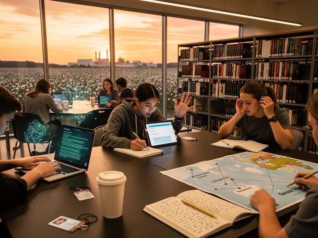 Schülerbibliothek mit Laptop, KI-Poesie und deutschen Büchern im Fokus