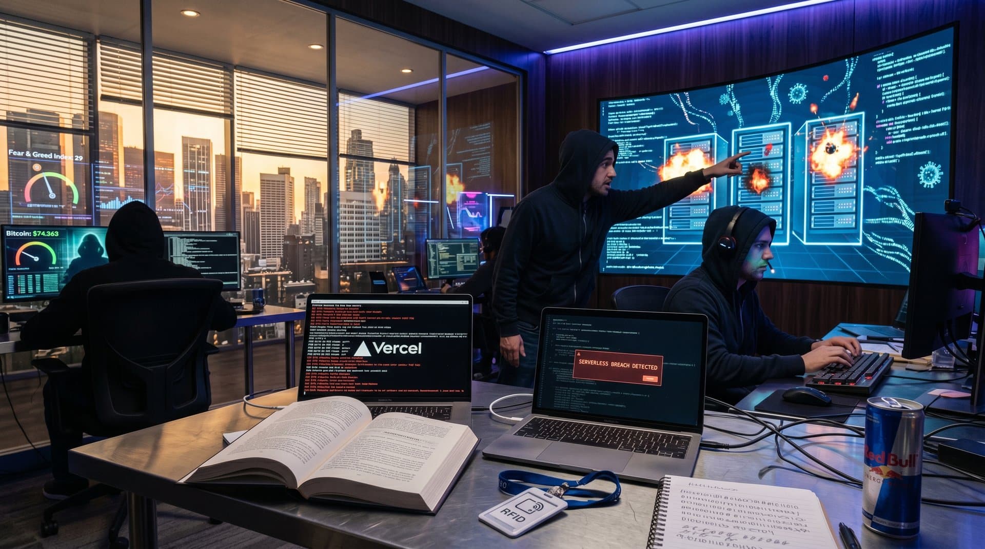 Cyberpunk Data-Center mit glitchenden Servern, offenem Neuromancer-Buch und Vercel-Logs