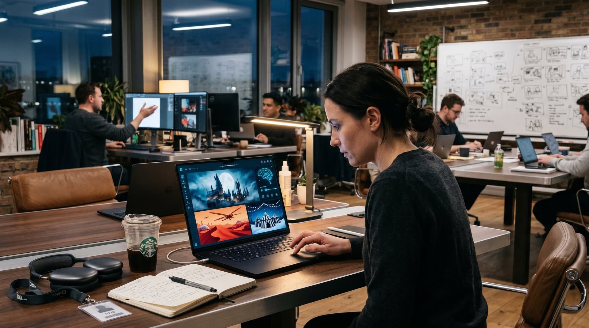 Browser-Fenster mit Excalidraw-Skizzen von Buchwelten wie Hogwarts und Dune, Textprompts und Tech-UI