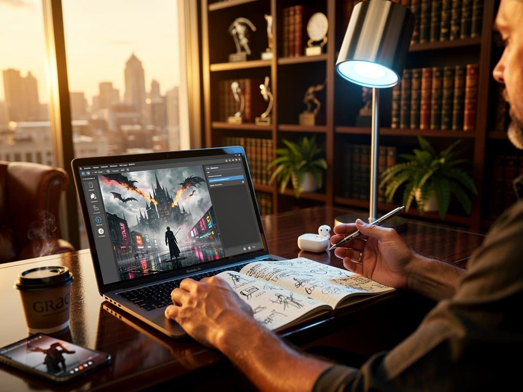 Excalidraw-Skizze aus Literaturprompt auf Laptop-Bildschirm, abstraktes Tech-Setup für Autoren