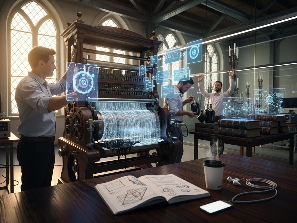Gutenbergs Presse verschmilzt mit Low-Code AI und 5G-Türmen in kultureller Renaissance-Szene