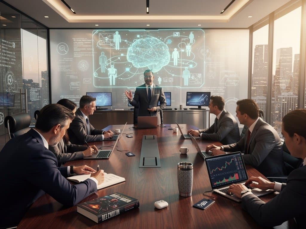 Holografische AI-Diagrammen und Crypto-Charts in modernem Konferenzraum mit Sci-Fi-Elementen