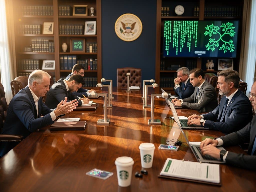 Abstrakte Szene im Weißen Haus mit AI-Mythos-Charts und Policy-Visuals am Konferenztisch