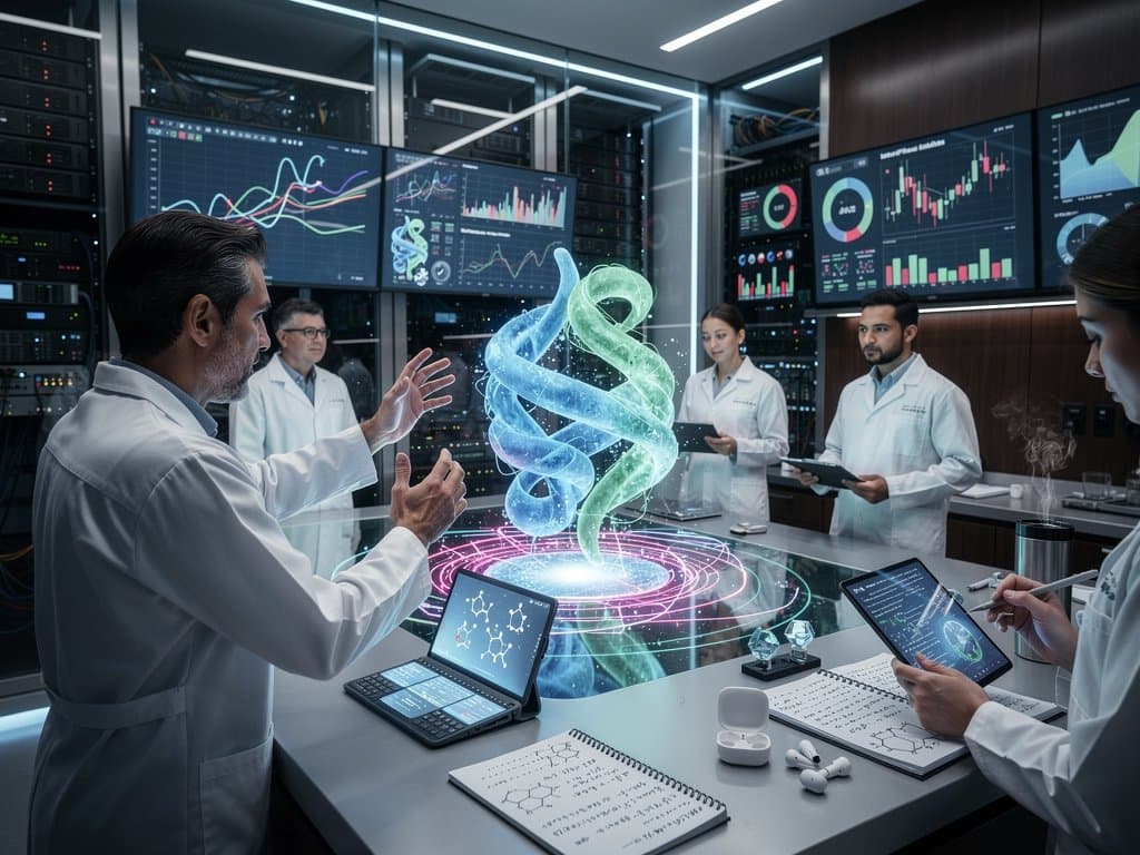 Futuristisches 3D-Proteinmodell mit KI-Netzen, Sci-Fi-Buch und volatilen Crypto-Charts in High-Tech-Labor