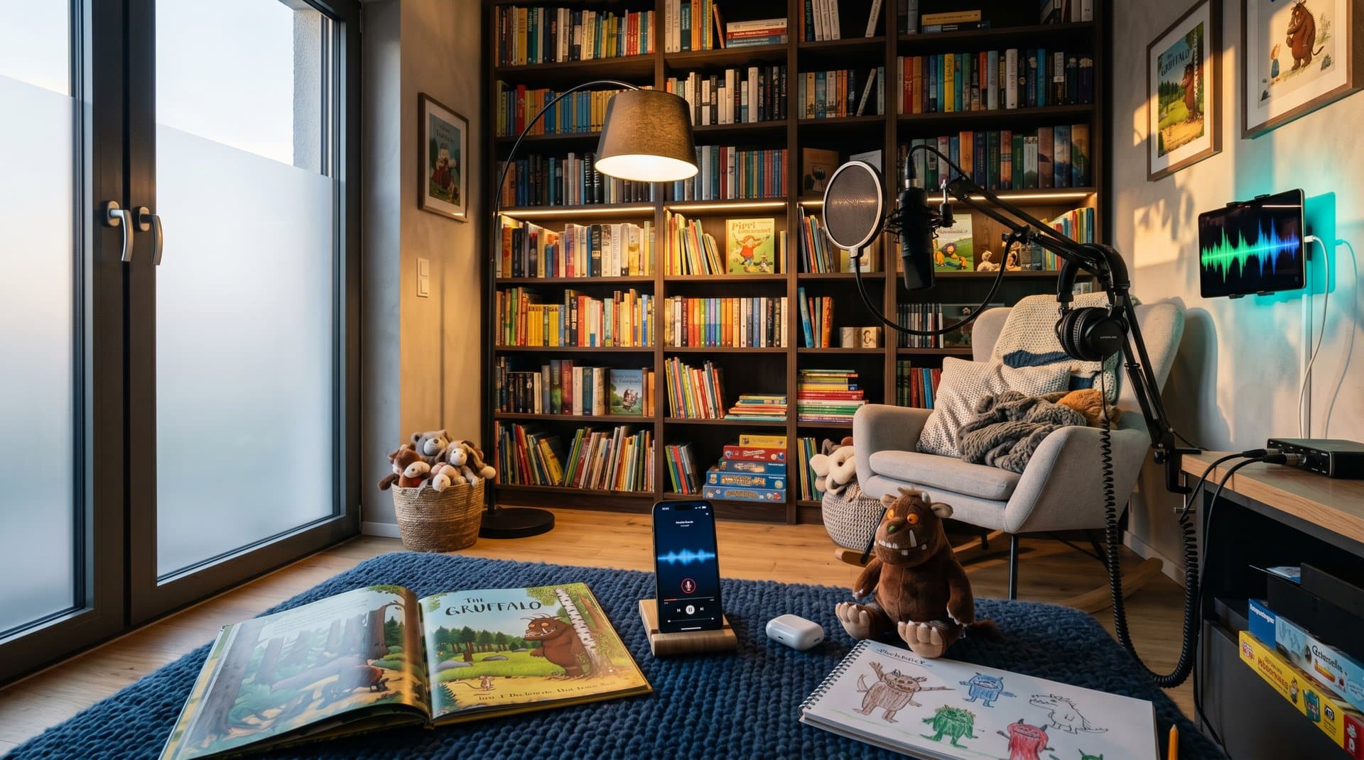 Kinderbuch mit KI-App und Hörbuch-Mikrofon in gemütlichem Zimmer