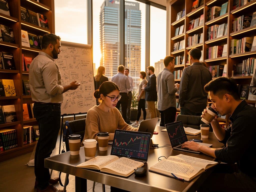 KI-inspirierte Literaturszene in Charlotte: Autor und Leser diskutieren Crypto-Narrative vor Bücherregalen