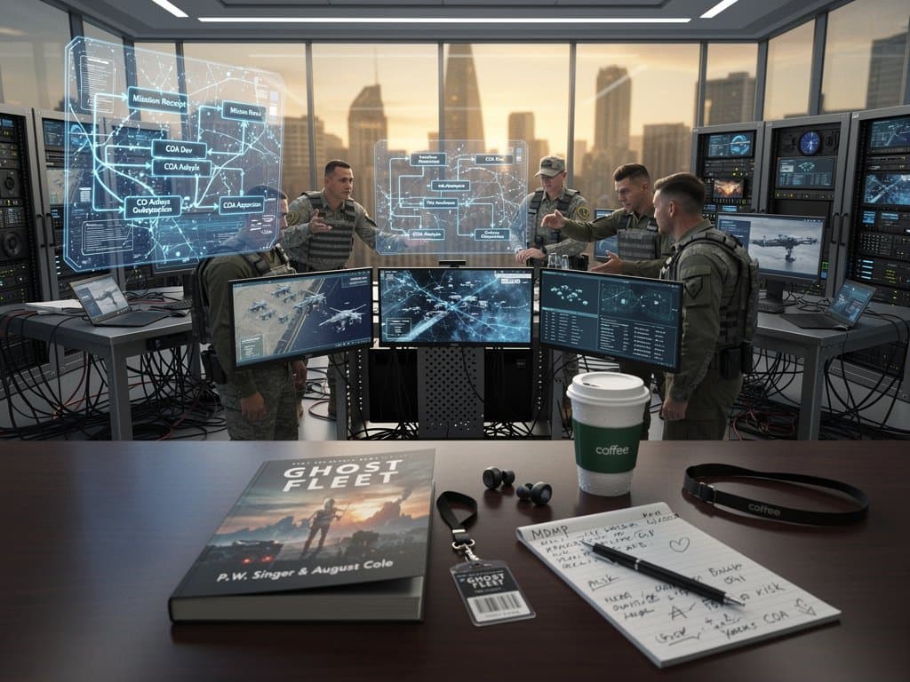 KI-gestütztes digitales Schlachtfeld mit Drohnen und Entscheidungsbaum aus dystopischer Literatur