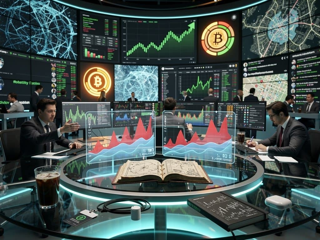 KI-Analyse-Szene mit Büchern, Crypto-Charts und Algorithmen auf Monitoren