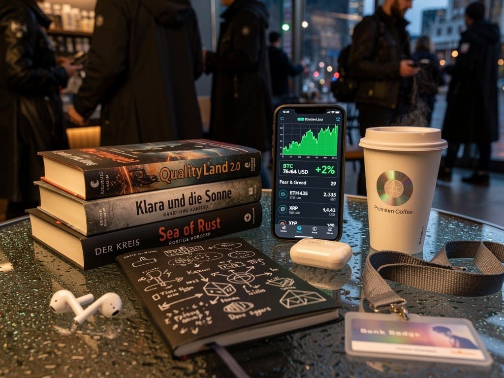 Futuristische Charlotte mit AI-Hochhäusern, Crypto-Charts und dystopischen Büchern auf einem Tisch