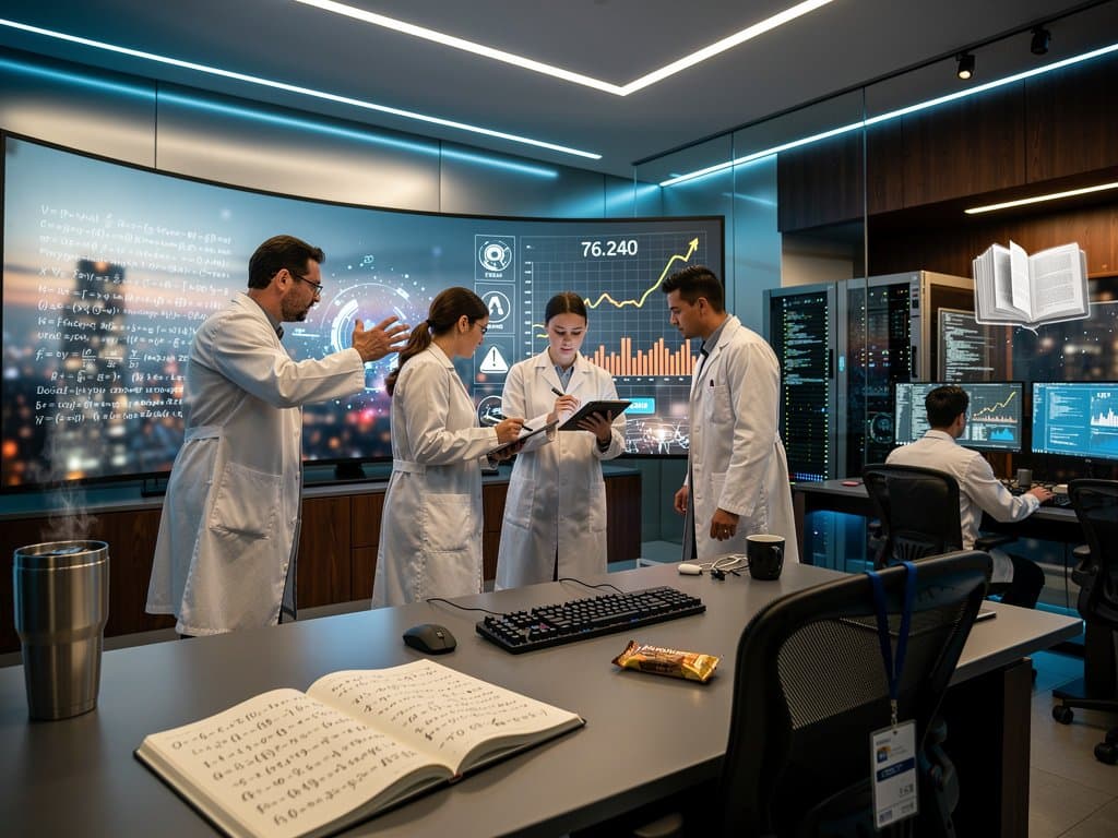 Abstrakte Szene von Forschern, die KI-Peer-Reviews in modernem Labor mit Screens und Charts prüfen