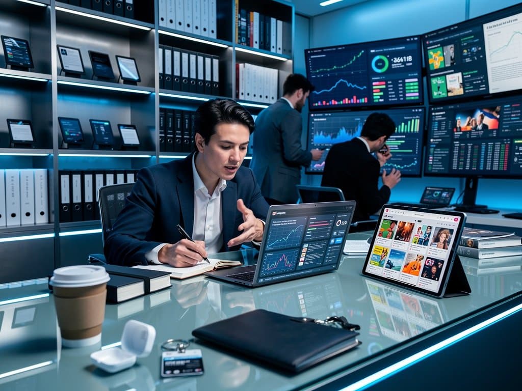 Futuristisches Verlagsbüro mit KI Peer Review, BookTok und Crypto-Charts