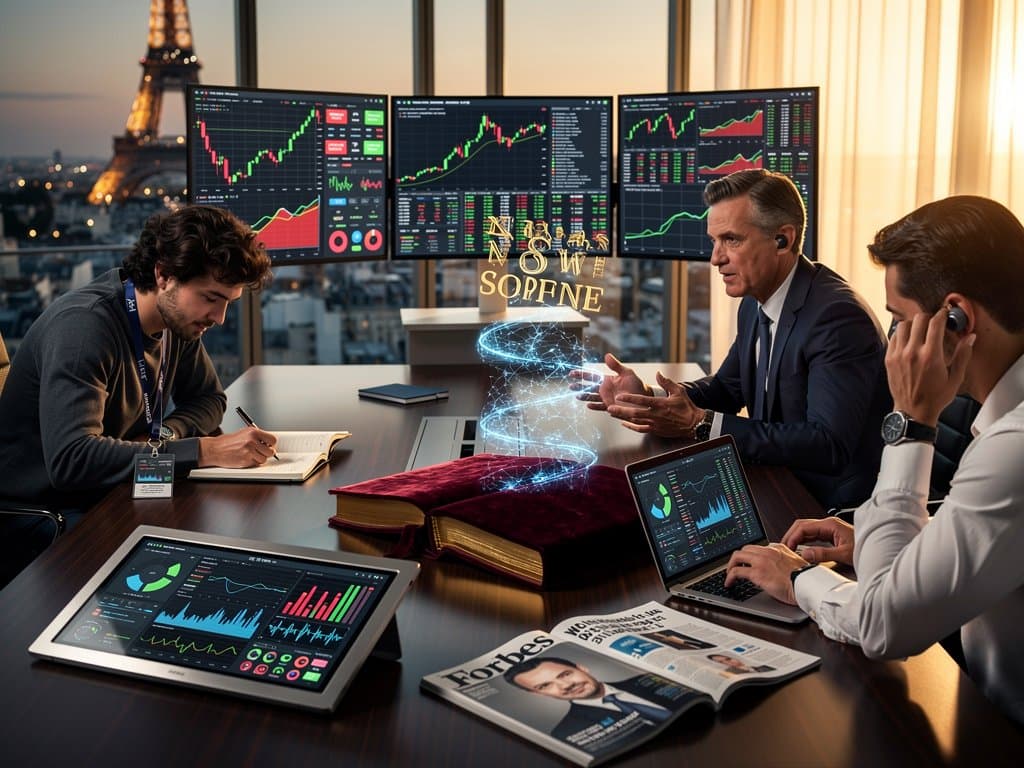 Luxusbuch mit KI-Interface und Crypto-Charts auf elegantem Tisch