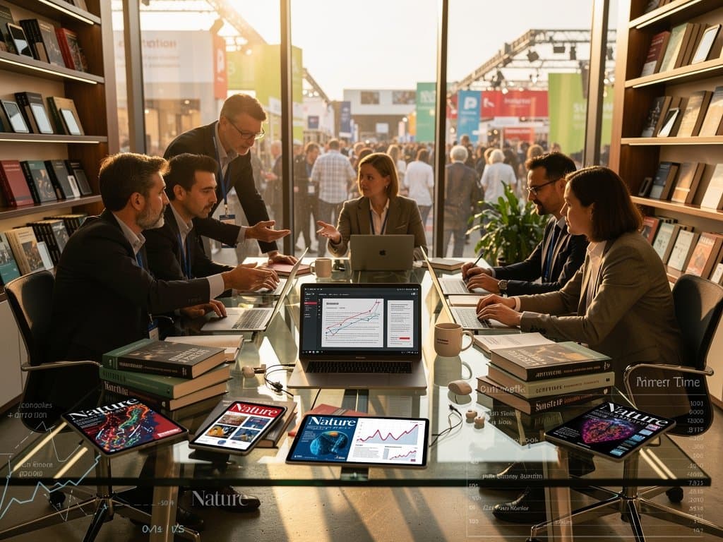 Abstraktes Verlagsbüro mit KI-Peer Review Elementen, Manuskripten und Monitoren