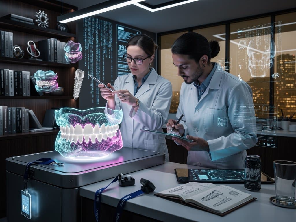 Abstrakter 3D-Zahnscan mit KI-Overlays und dystopischen Büchern im Cyberpunk-Stil