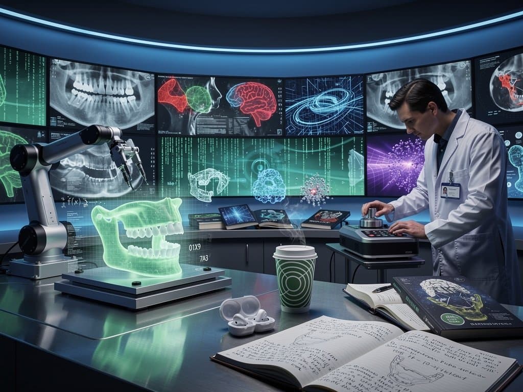 Roboterarm scannt 3D-Gebissmodell mit KI-Überlagerungen neben Sci-Fi-Büchern in Tech-Labor