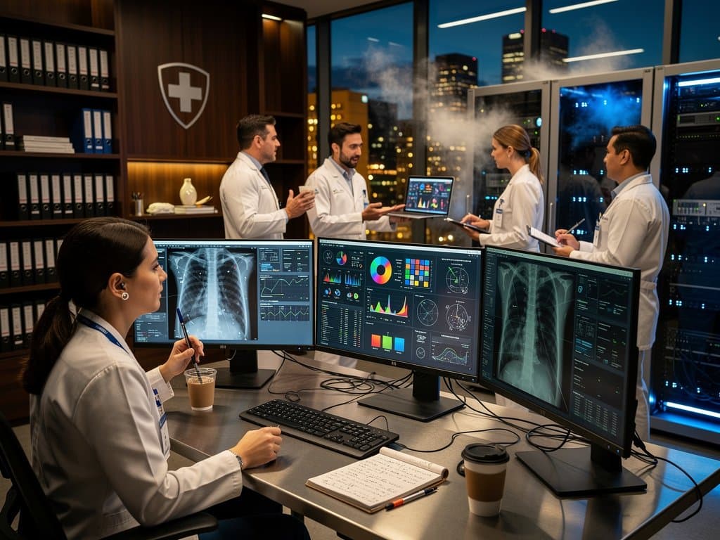 Ethik-Team in Klinik-Kontrollraum entwickelt verantwortungsvolle KI mit Sachbüchern und Monitoren