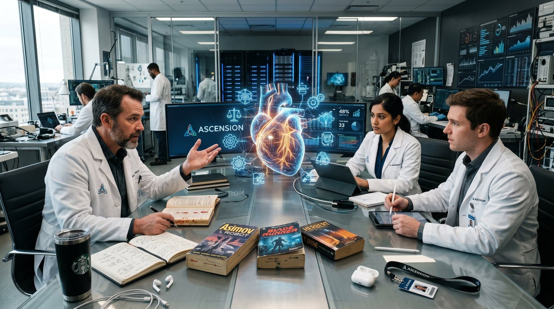 Sci-Fi-Bücher und KI-Hologramme in Healthcare-Labor mit ethischen Symbolen